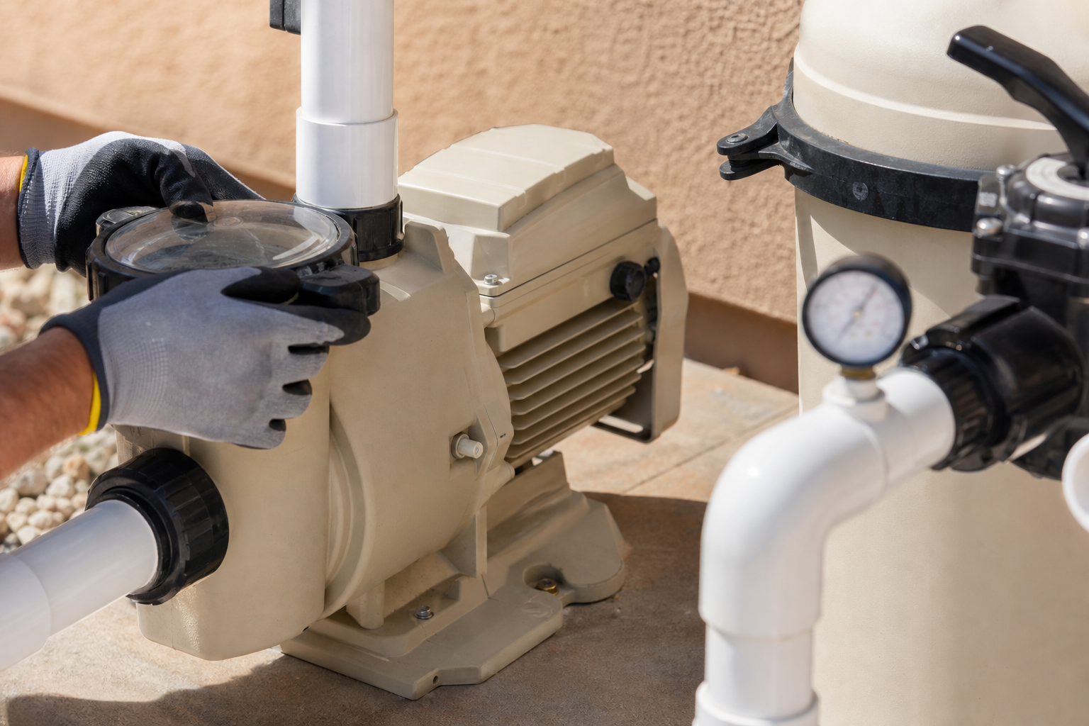 Sunny Phoenix backyard pool and pool equipment